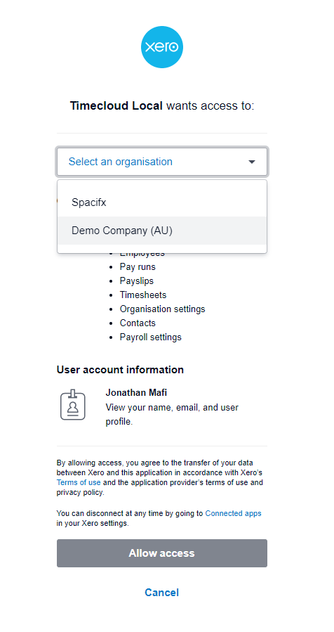 Timecloud + Xero Persmissions