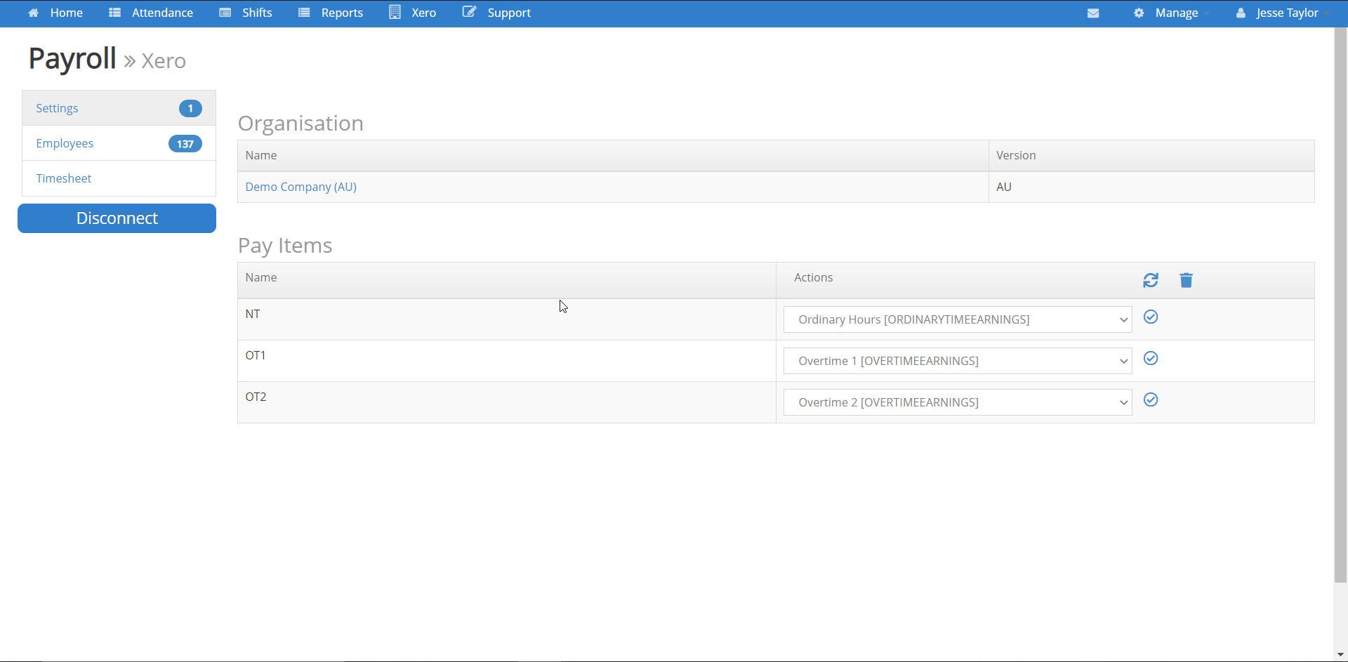Timecloud + Xero Settings Page
