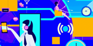 Modern art graphic of people interacting with Time and phones