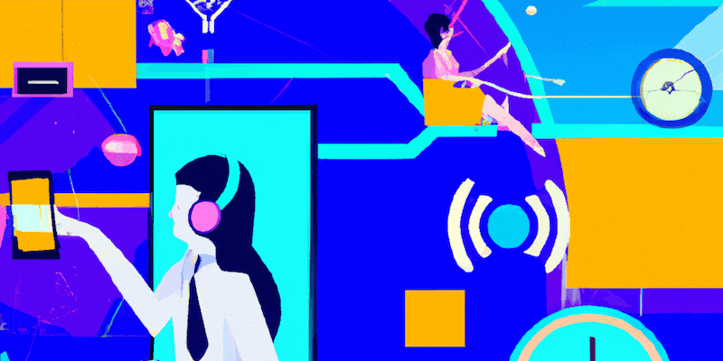 Image for remote worker blog Modern art graphic of people interacting with Time and phones