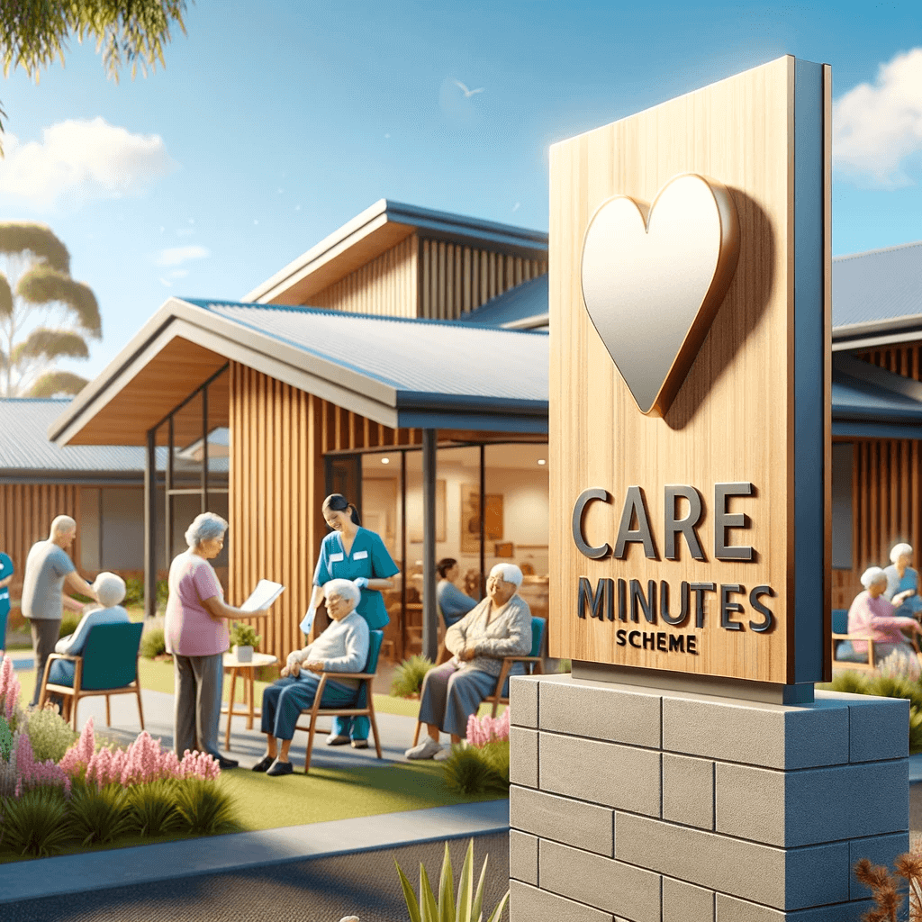 DALL·E 2023-10-31 09.41.35 - Photo of a modern aged care facility in Australia with a clear blue sky in the background. Outside, elderly residents of diverse genders and descents (1) Photo-of-a-modern-aged-care-facility-in-Australia-with-a-clear-blue-sky-in-the-background.-Outside-elderly-residents-of-diverse-genders-and-descents