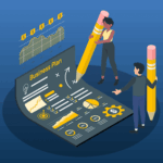 Two cartoon people with giant pencils drawing out a business plan
