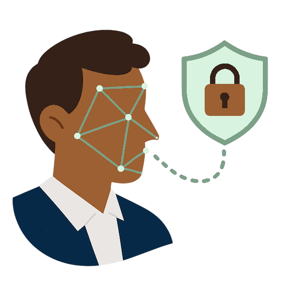 Image of a man getting is face scanned by a biometric unit next to a shield with a padlock to represent security