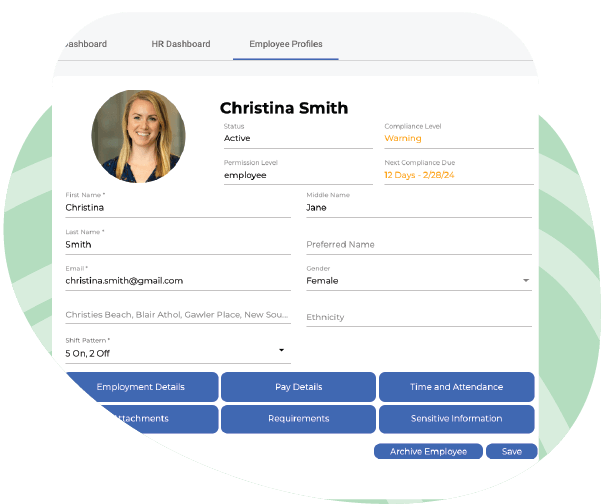 Compliance management feature images of an employee profile in a software