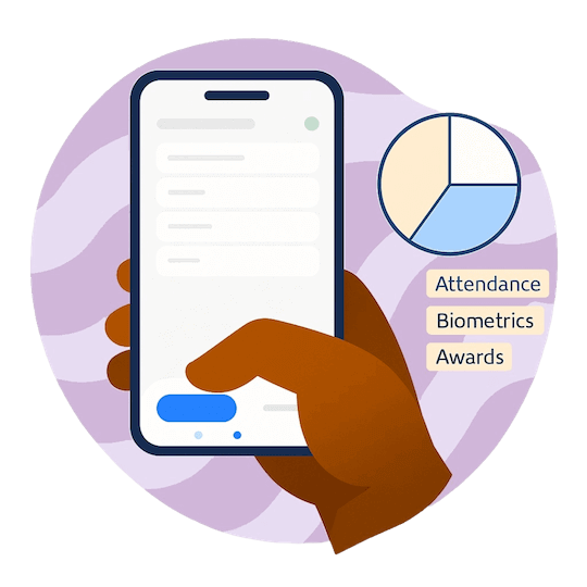 Time and attendance feature images of a hand holding a phone, clocking into work