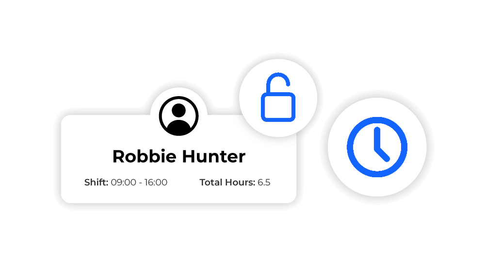 Mobile App Profile Page. Pop outs include employee profile lock icon and clock icon.