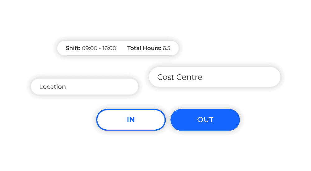 Mobile App Punch Board. Clock in and out buttons and cost centre selectors.