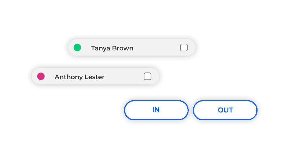 Timecloud app manager timesheet page. Clock in and out buttons and employee selection buttons.