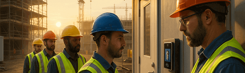 Construction workers clocking into work using Timecloud