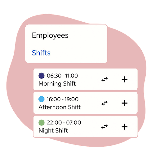 Build and Manage Rosters with Ease – A roster interface showing employee shifts for morning, afternoon, and night, with options to edit or add shifts.
