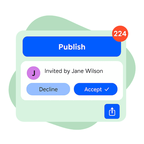 Publish and Notify Staff Instantly – A publish interface with an invitation to accept or decline, showing a high number of pending notifications.