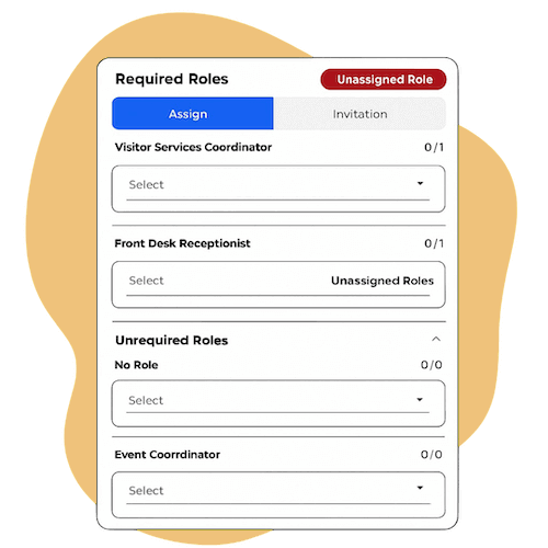 Roster by Role or Department – A role assignment panel showing required and unrequired roles, with options to assign or invite staff.