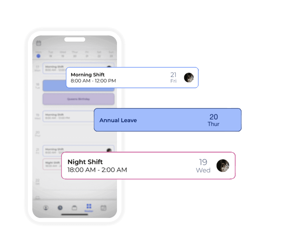 Timecloud mobile app showing a weekly roster with shifts and leave, including a night shift on Wednesday, annual leave on Thursday, and a morning shift on Friday.